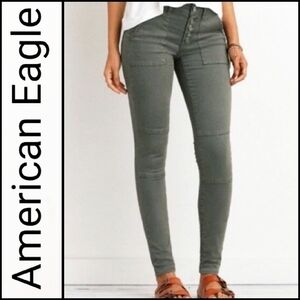 NEW! AMERICAN EAGLE Olive Exposed Buttonfly Stretch Sateen Jegging Jeans 0 Short